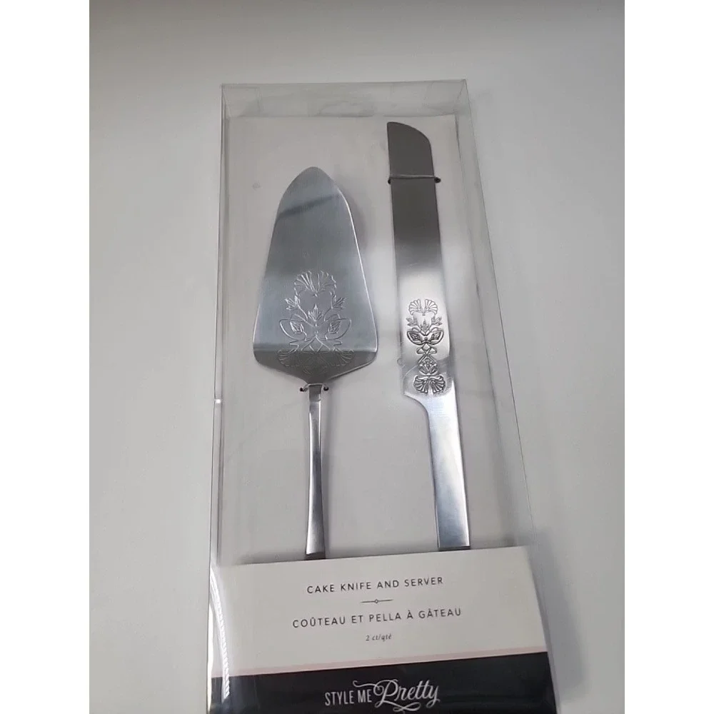 Style Me Pretty Cake Knife and Server Set Silver Etched Floral Wedding 34994 NEW